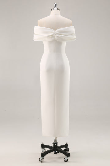 White Off the Shoulder Sheath Matte Satin Asymmetrical Graduation Dress